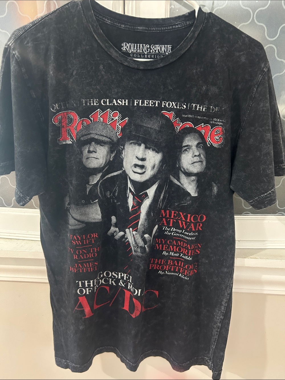 the Rolling Stones Black AC/DC Graphic Tee with Red & White Print